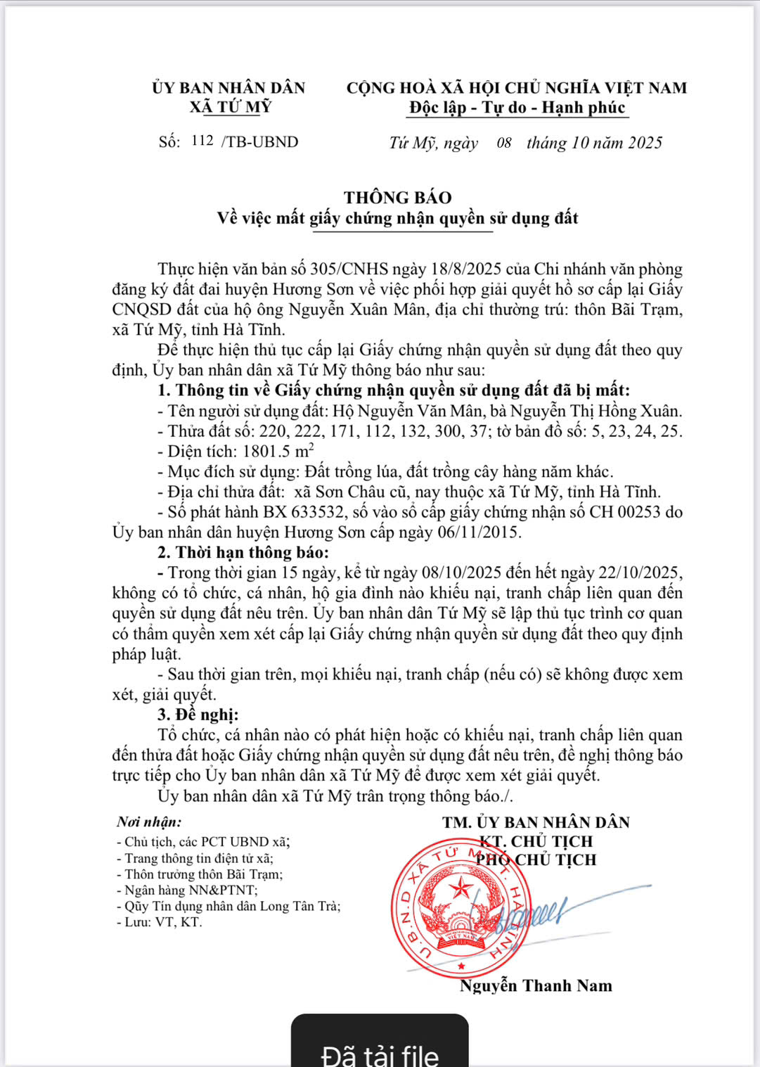 Thông báo mất bìa của ông Nguyễn Văn Mân