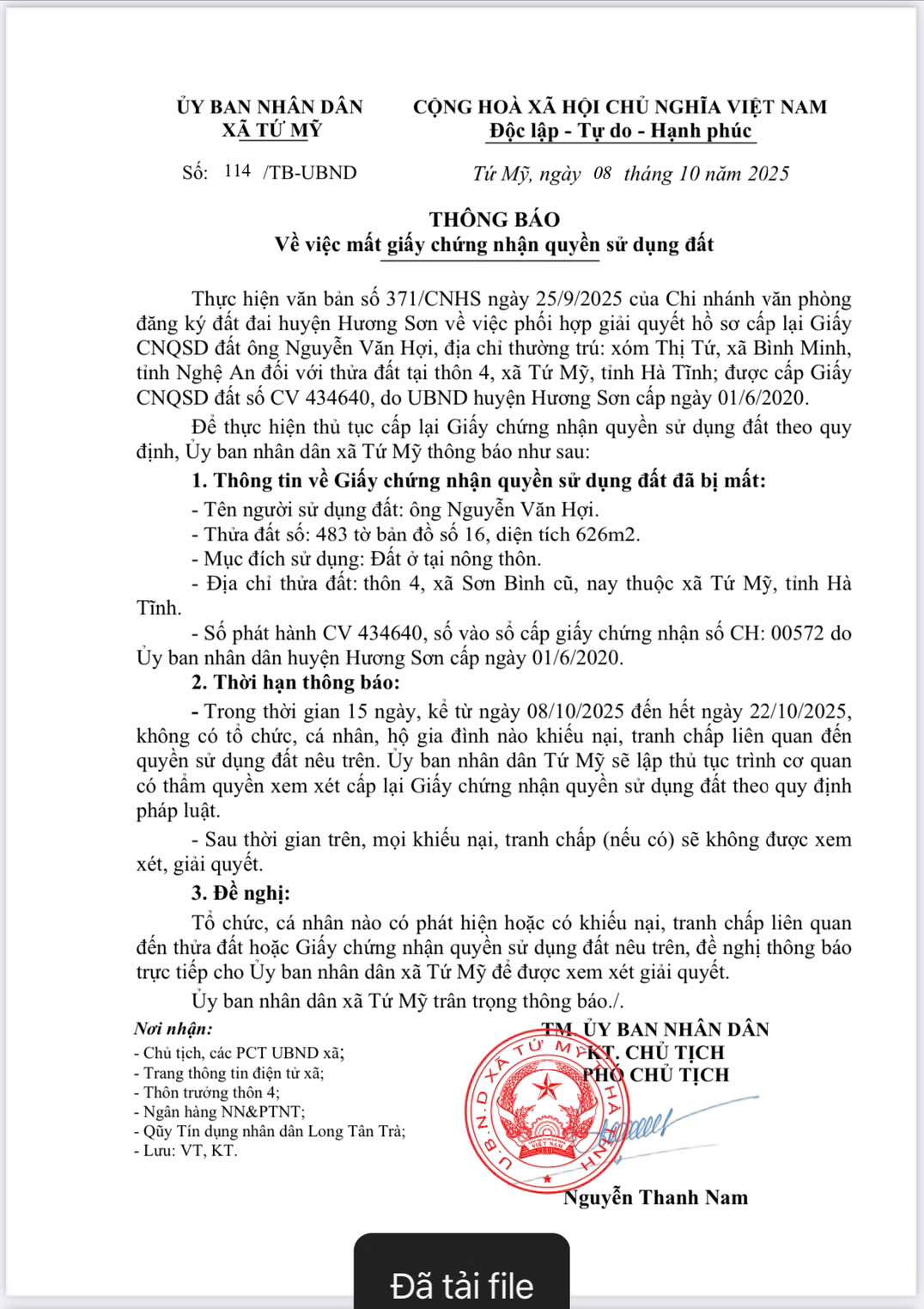 Thông báo mát bìa của ông Nguyễn Văn Hợi