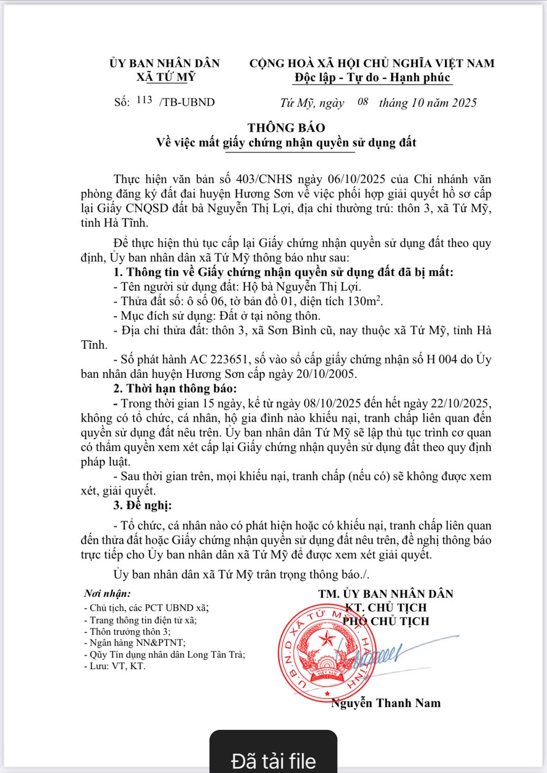 Thông báo mất bìa quyền sử dụng đất của bà Nguyễn Thị Lợi