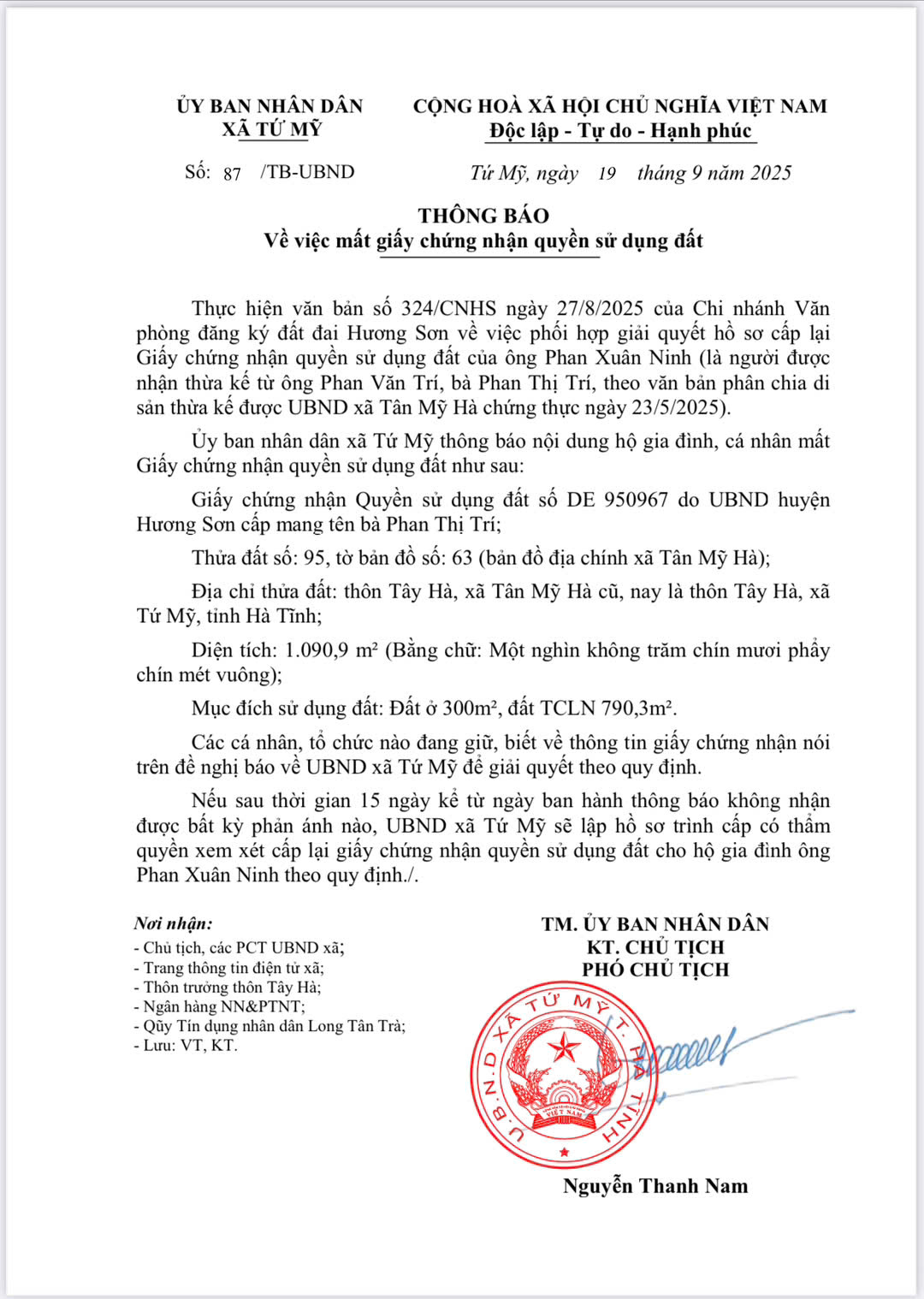 Thông báo của UBND xã Tứ Mỹ